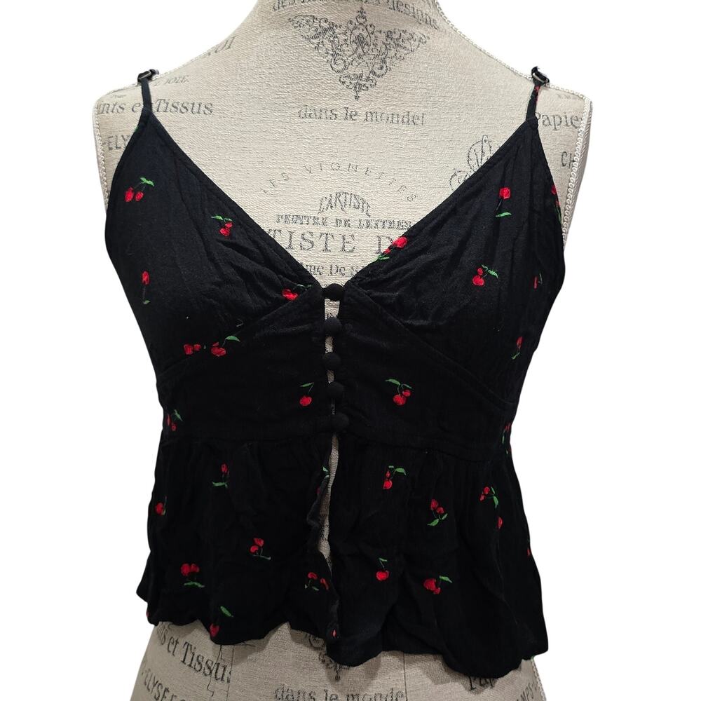 Lottie Moss (PacSun) Black Cherry Print Crop Top Adjustable Strap Open Mid Shirt
